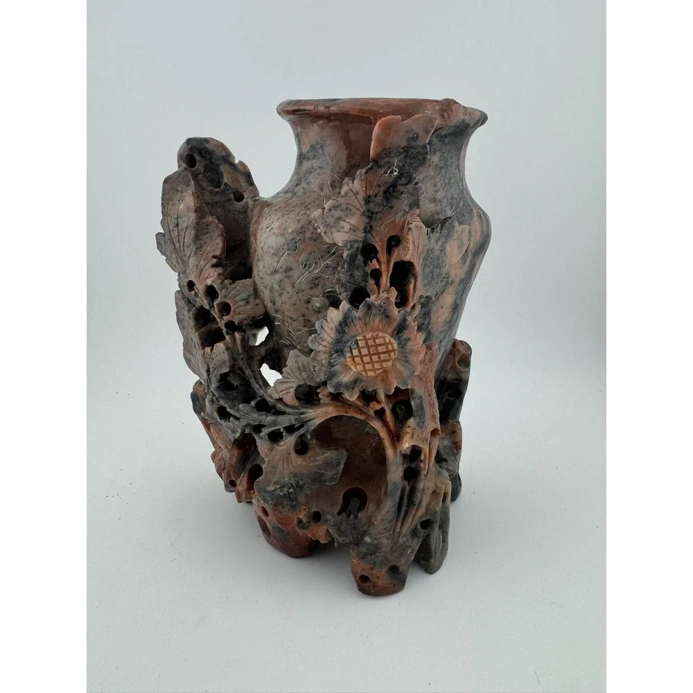 Vintage 1930s Soapstone Vase Hand Carved Floral Helen Sig Tveit Home Decor